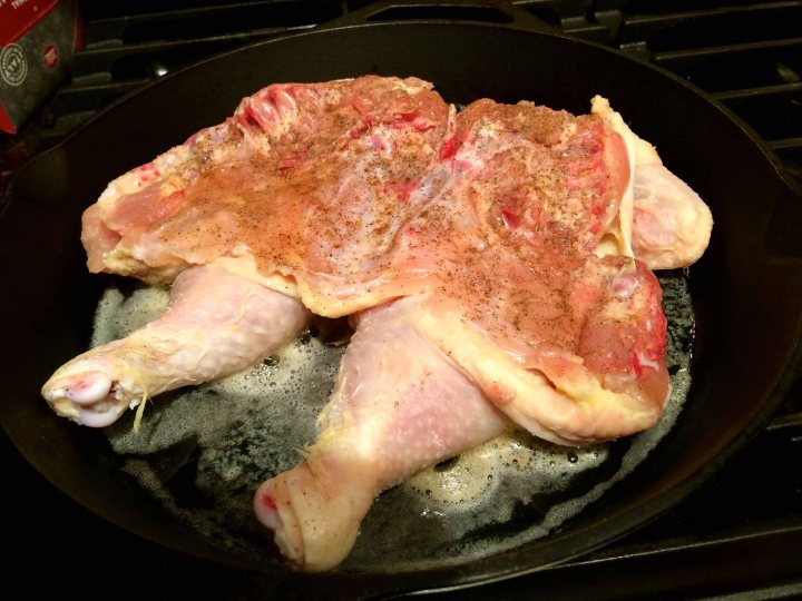 Spatchcocked chicken in the pot