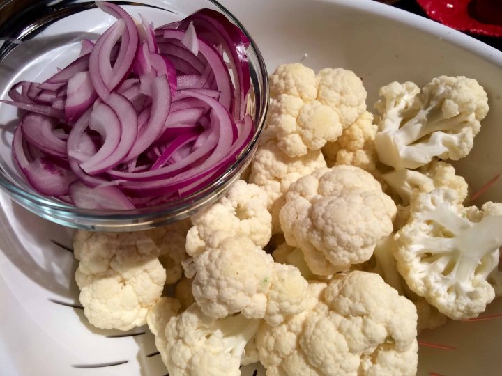 Prepped cauliflower and onions